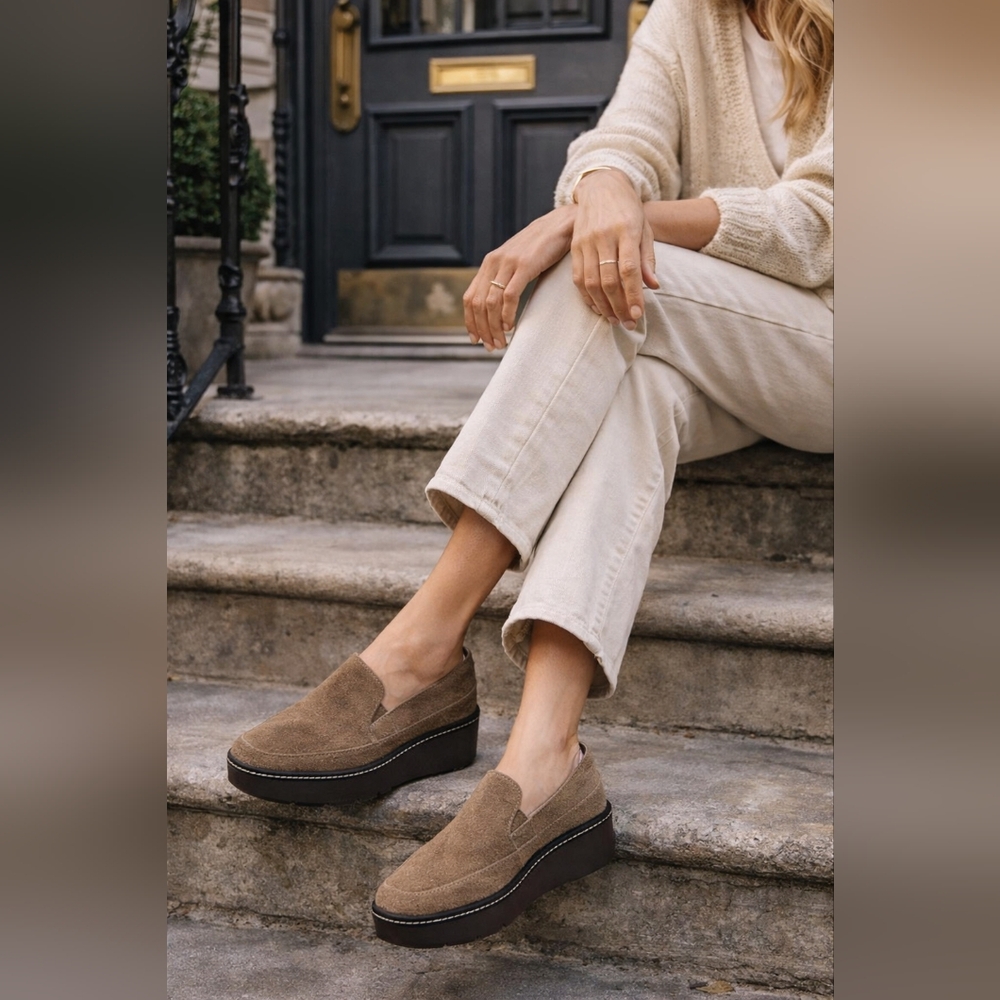 Donald Pliner Tan Suede & Leather Platform Loafers Slip-On Wedge Women’s Sz.9